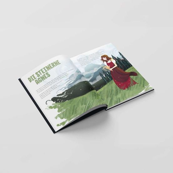 Ein offenes Buch mit einer Frau in einem roten Kleid, die ein Bündel Weizen hält, vor einem Hintergrund von Bergen und grünem Gras.