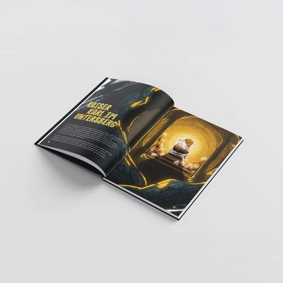 Ein offenes Buch auf weißem Hintergrund mit einer gelben und schwarzen Illustration einer Höhle mit Licht. Der Text auf der Seite lautet 'Karl tm Untersberg'.