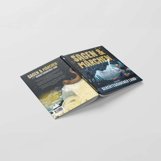 An open book titled 'Sagen & Marchen' is displayed on a white background. The book cover features a mountain with a bright light and a person holding a weapon. The title is written in yellow font.