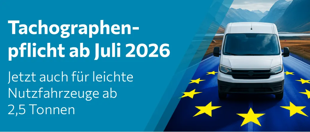 Banner mit einem Van und Sternen, das anzeigt, dass leichte Fahrzeuge ab Juli 2026 strengeren Vorschriften unterliegen werden.