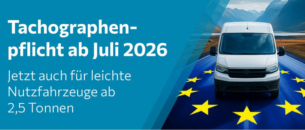 Banner mit einem Van und Sternen, das anzeigt, dass leichte Fahrzeuge ab Juli 2026 strengeren Vorschriften unterliegen werden.
