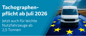 Banner mit einem Van und Sternen, das anzeigt, dass leichte Fahrzeuge ab Juli 2026 strengeren Vorschriften unterliegen werden.