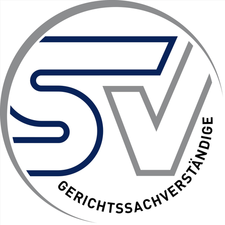 Das Logo zeigt ein stilisiertes 'S' und 'V' in Blau, mit den Worten 'Gerichtssachverstandige' in Schwarz, was 'Sachverständiger' auf Deutsch bedeutet, in einem kreisförmigen Design eingeschlossen.