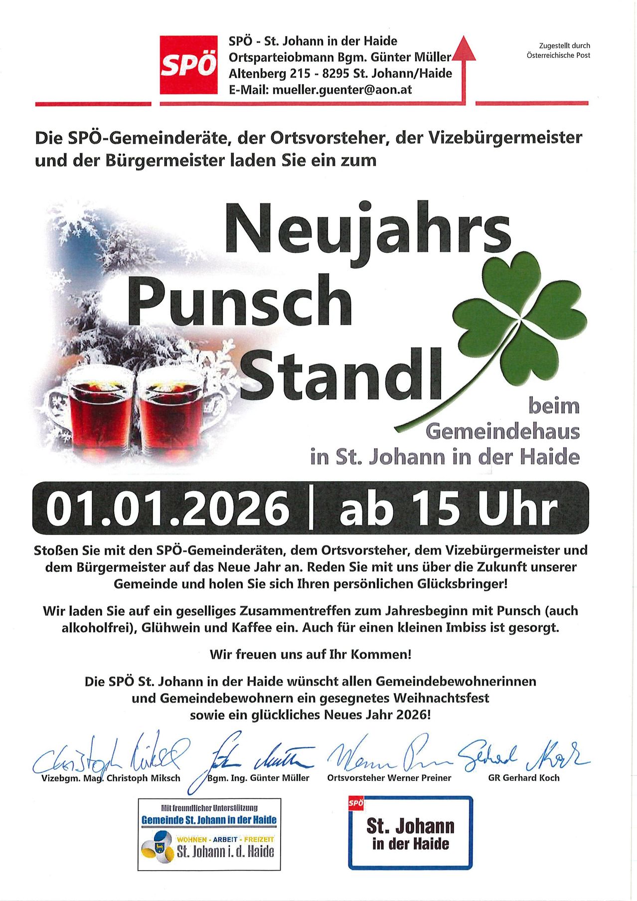 Plakat für einen Neujahrspunschstand am 1. Januar 2026 um 15 Uhr im Gemeindehaus in St. Johann in der Haide. Es zeigt ein Kleeblatt und zwei Tassen Punsch. Die Veranstaltung wird von lokalen Offiziellen organisiert und bietet Punsch, Glühwein und Kaffee an.