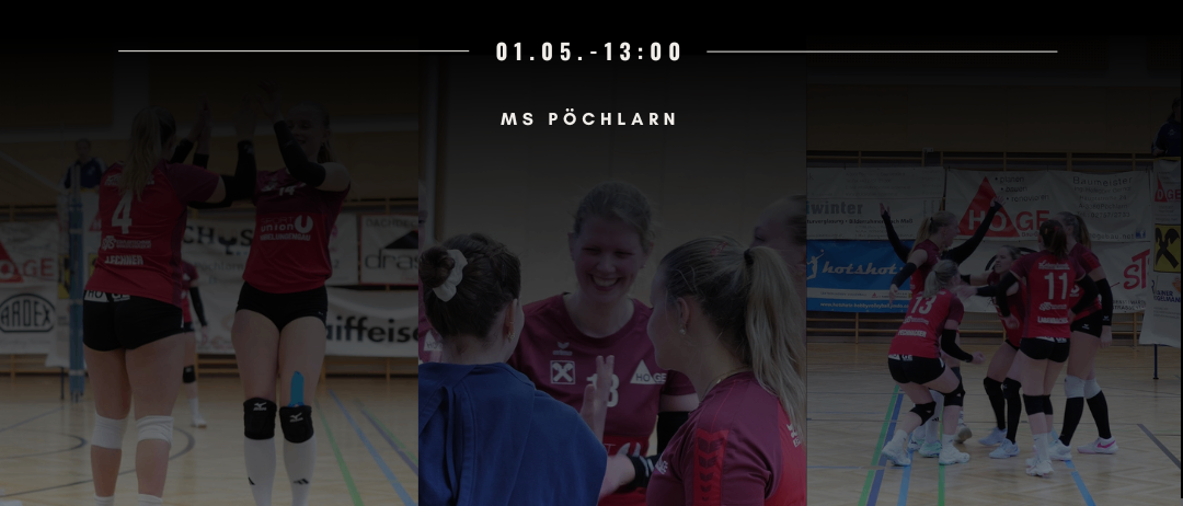 Ein Volleyballspiel zwischen SG Ybbs/Nibelungengau und VBC TLC Weiz ist für den 1. Mai um 13:00 Uhr angesetzt. Bilder zeigen Spieler in Aktion, einer mit einem bandagierten Knie.