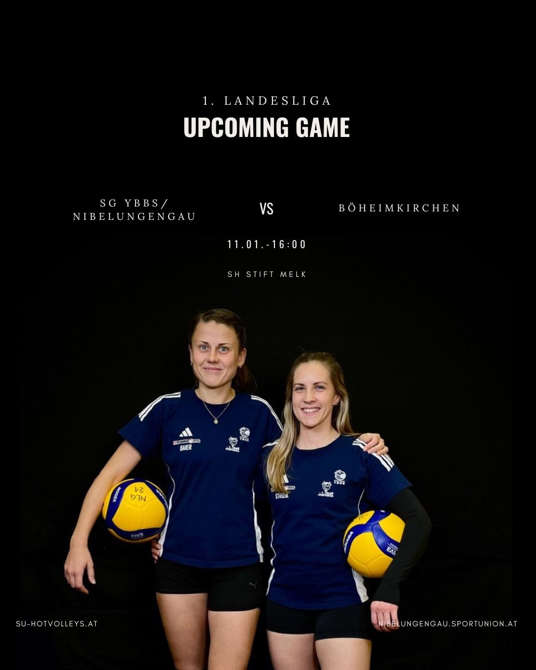 Plakat für ein bevorstehendes Handballspiel in der 1. Landesliga zwischen SG YBBS/Nibelungengau und Boheimkirchen. Geplant für den 11. Januar um 16:00 Uhr. Zwei Frauen halten Bälle und posieren in ihren Teamtrikots.