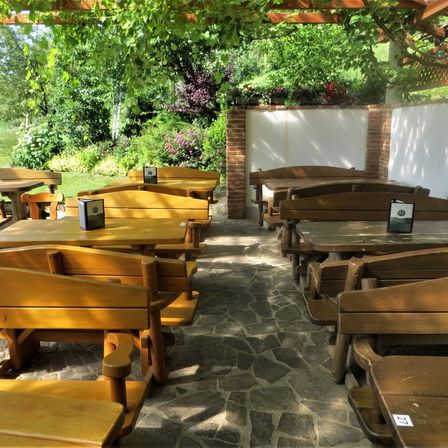 Bild enthält, Wood, Path, Walkway, Potted Plant, Restaurant, Flagstone, Table, Dining Table, Plywood, Backyard