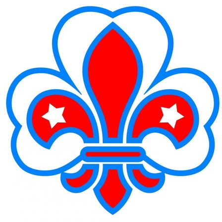 Ein stilisiertes Fleur-de-lis-Logo mit weißem Hintergrund, rotem Zentrum und blauen Umrissen. Es hat zwei weiße Sterne auf den roten Blütenblättern.