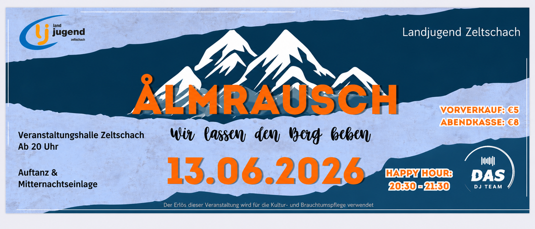 Plakat für die Almrausch-Veranstaltung am 13.06.2026. Zeigt eine Bergkette und Text auf Deutsch. Erlöse gehen an kulturelle und Freizeitaktivitäten.