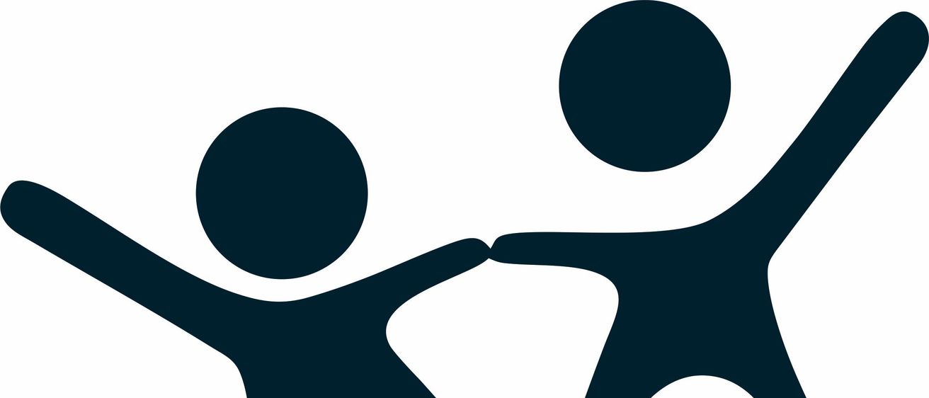 Zwei abstrakte Figuren in Blau, die freundschaftlich Händchen halten.