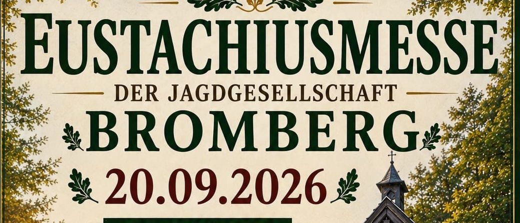 Plakat für eine Jagdveranstaltung der Jagdgesellschaft Bromberg am 20.09.2026 um 9:30 Uhr bei der Hubertuskapelle in Breitenbuch. Zeigt ein Reh und Details zur Veranstaltung.
