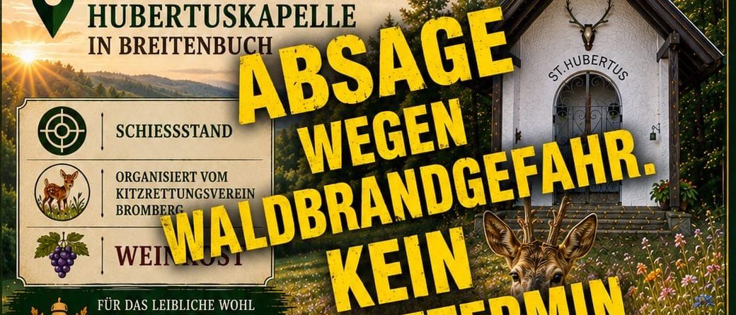 Plakat für eine Jagdgesellschaftsveranstaltung in Bromberg am 20.09.2026 um 9:30 Uhr. Die Veranstaltung findet in der Hubertuskapelle in Breitenbuch statt. Das Plakat zeigt einen Hirsch, eine Kapelle und einen Sonnenuntergang.
