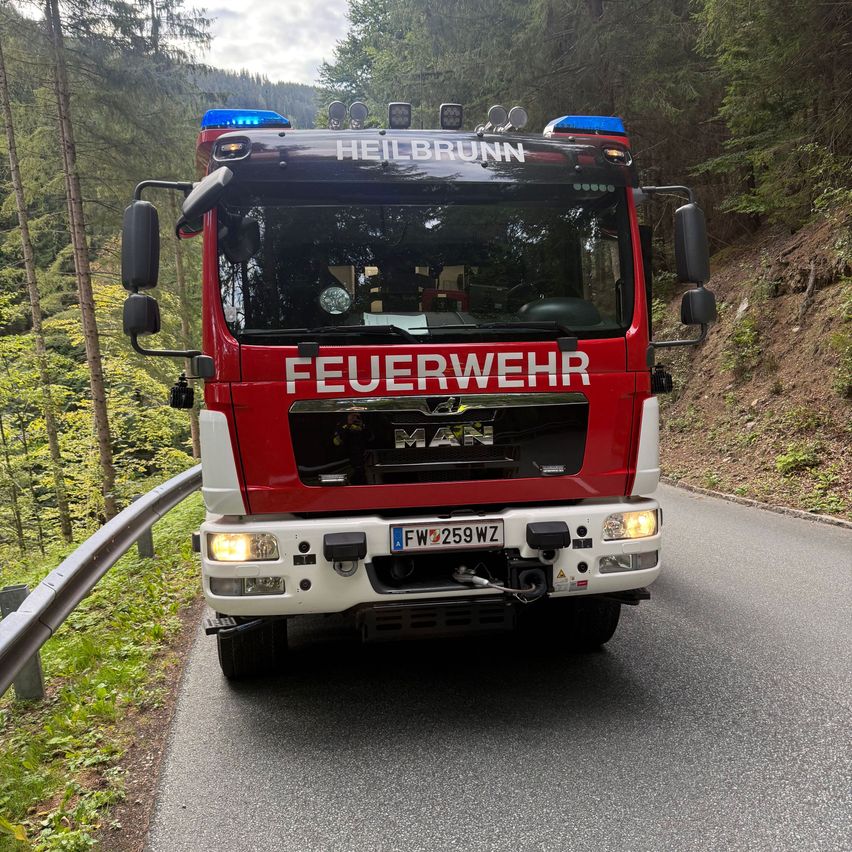 Ein roter Feuerwehrwagen mit der Aufschrift 'Feuerwehr' auf der Front fährt auf einer kurvenreichen Straße durch einen Wald.