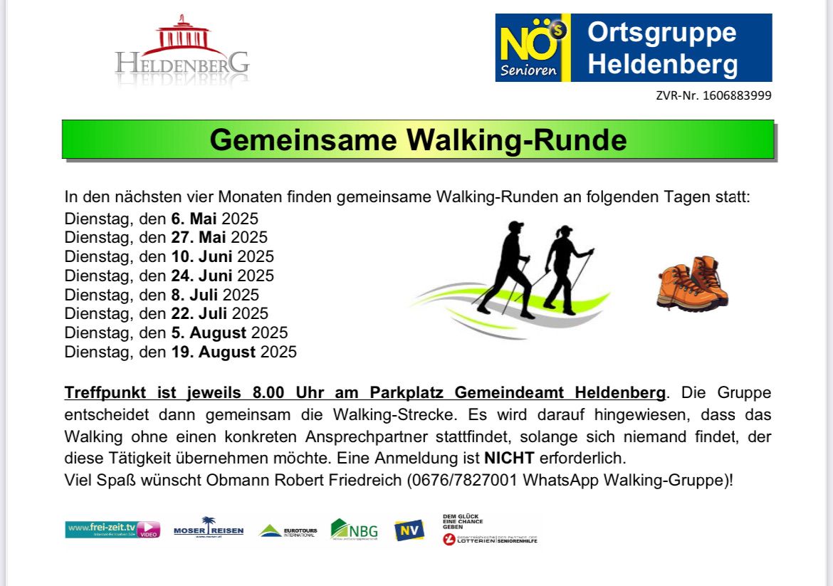 Walking-Veranstaltung für Senioren. Walking-Routen am 6. Mai, 27. Juni, 10. Juni, 24. Juli, 8. Juli, 22. Juli, 5. August, 19. August 2025 um 8:00 Uhr am Heldenberg Gemeindeamt. Keine Anmeldung erforderlich.