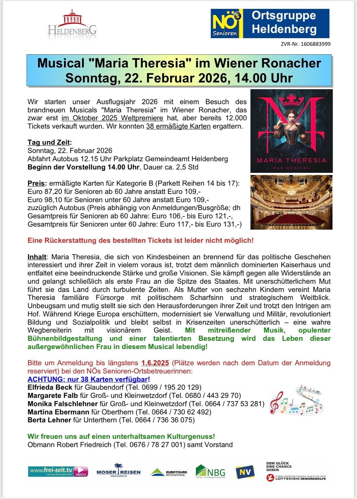 Maria Theresia, vom Kindesalter an eine politische Größe, kämpft für Macht und Vision gegen das männlich dominierte Kaiserhaus. Als Mutter von siebzehn Kindern vereint sie Fürsorge mit politischer Schärfe und strategischem Weitblick. Unbeirrt in ihrem Zweck schützt sie ihr Reich vor externen Bedrohungen. Mit leidenschaftlicher Musik, opulenter Bühnengestaltung und visionärem Geist wird das Leben dieser außergewöhnlichen Frau in diesem Musical lebendig.