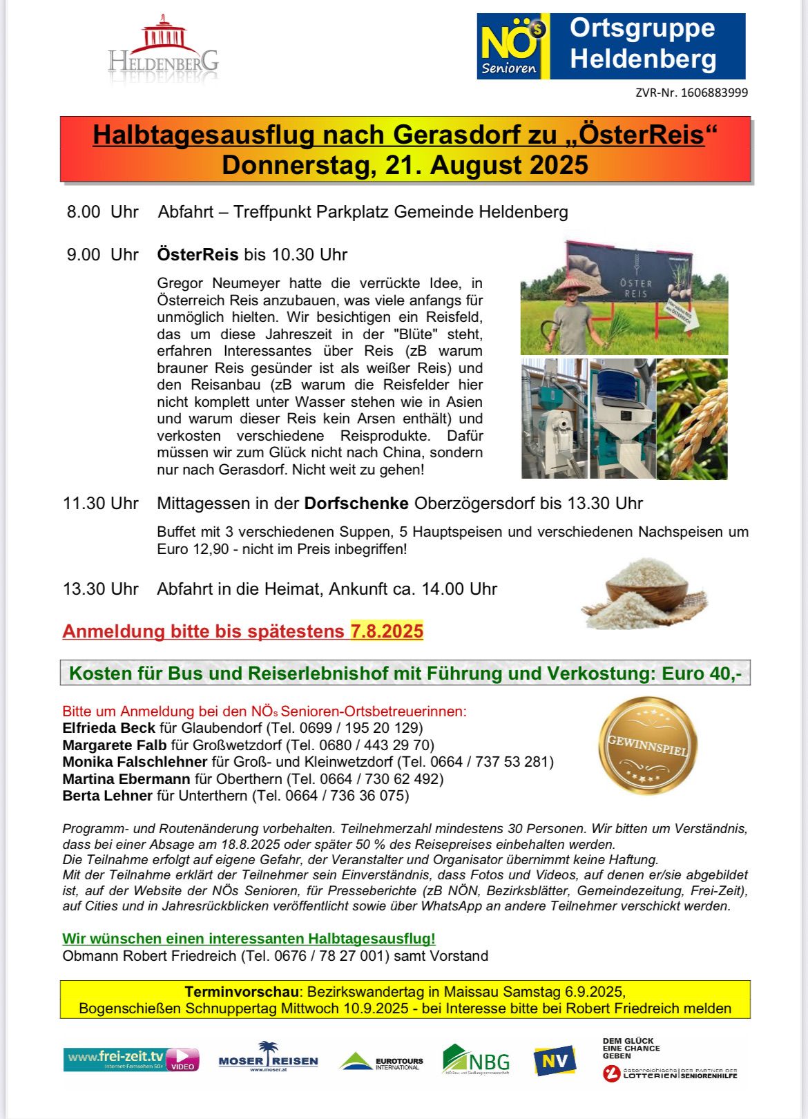 Plakat mit Reisedetails für Donnerstag, 21. August 2025. Beinhaltet Abfahrts-, Treffpunkt- und Ankunftszeiten. Es beschreibt eine Reise zu ÖsterReis, Mittagessen in Oberzögersdorf und Rückkehr nach Hause. Kosten für Bus und Tour sind aufgeführt. Anmeldeinformationen und Kontaktdetails für Senioren werden bereitgestellt.