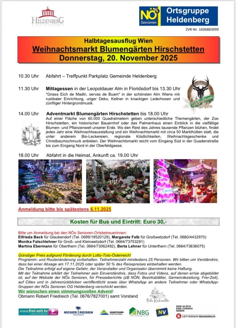 Plakat für den Weihnachtsmarkt in Hirschstetten. 20. November 2025. Details zu Abfahrt, Mittagessen und Rückkehr. Kosten für Bus und Eintritt. Kontaktdaten der Veranstalter.