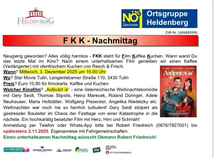 Veranstaltungsplakat für ein Film- und Kaffeetreffen von FKK. Filmvorführung gefolgt von Kaffee und Kuchen. Datum: 3. Dezember 2025, um 15:00 Uhr. Ort: Star Movie Tulln. Tickets: 10,90 Euro. Kontakt: Robert Friedrich.