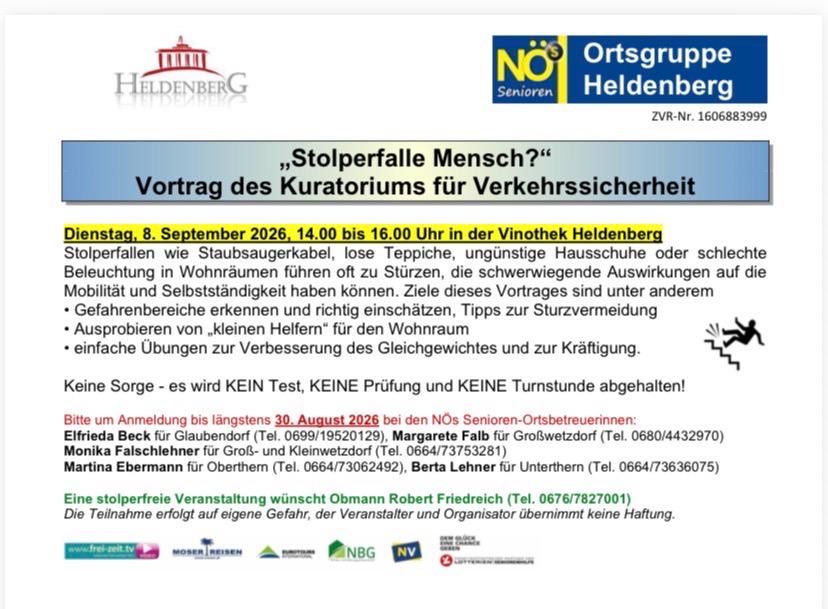 Plakat für einen Vortrag über Sturzprävention durch das Kuratorium für Verkehrssicherheit. Die Veranstaltung findet am 8. September 2026 von 14:00 bis 16:00 Uhr in der Vinothek Helenberg statt. Es geht um das Erkennen von Gefahren, Vermeidung kleiner Helfer und Übungen zur Verbesserung von Gleichgewicht und Kraft. Es wird kein Test, keine Prüfung und keine Warteschlange abgehalten.