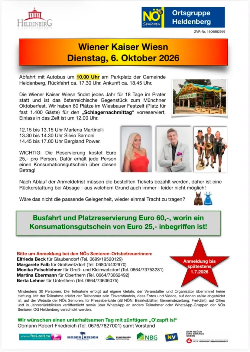 Poster für eine Veranstaltung am 6. Oktober 2026 mit Wiener Kaiser Wiesen, einem 18-tägigen Festival im Prater, Wien. Busfahrt um 10.00 Uhr vom Parkplatz der Gemeinde Heidenberg, Rückfahrt ca. 17.30 Uhr. Eintritt 1,40 Euro, 60 Plätze für den Schlagernachmittag reserviert. Ticketpreise inkl. Verzehrgutschein. Mindestens 30 Teilnehmer erforderlich. Kontaktdaten der Veranstalter angegeben.