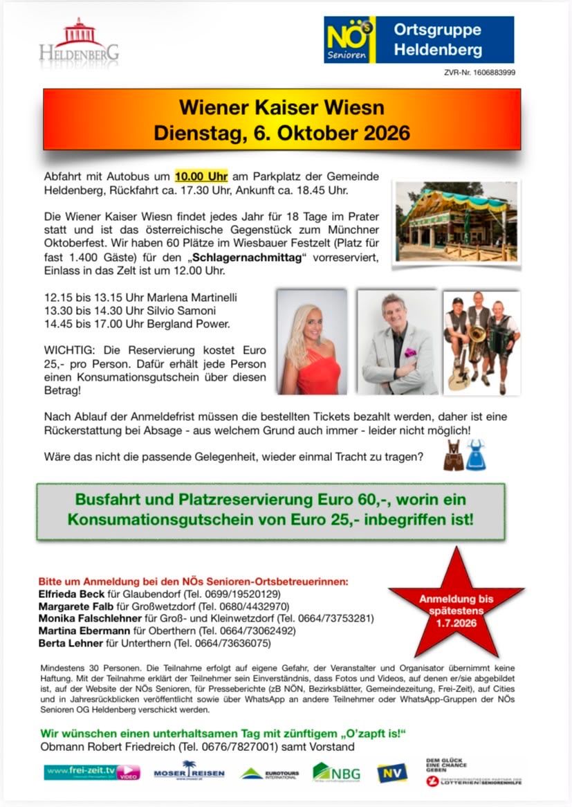 Poster für eine Veranstaltung am 6. Oktober 2026 mit Wiener Kaiser Wiesen, einem 18-tägigen Festival im Prater, Wien. Busfahrt um 10.00 Uhr vom Parkplatz der Gemeinde Heidenberg, Rückfahrt ca. 17.30 Uhr. Eintritt 1,40 Euro, 60 Plätze für den Schlagernachmittag reserviert. Ticketpreise inkl. Verzehrgutschein. Mindestens 30 Teilnehmer erforderlich. Kontaktdaten der Veranstalter angegeben.
