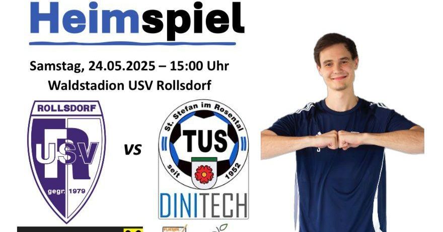 Heimspiel-Ankündigung für ein Fußballspiel zwischen USV und TUS, geplant für den 24. Mai 2025 um 15:00 Uhr. Das Event wird von DINT TECH und Apfelland Energie gesponsert.