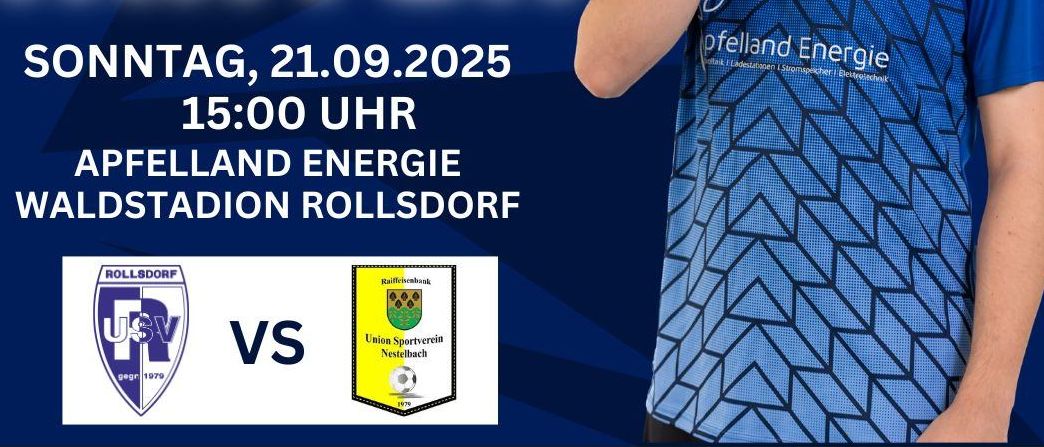 Ein Plakat für das nächste Spiel einer Fußballmannschaft. Der Mann im blauen Trikot posiert für die Kamera. Das Plakat hat Datum und Uhrzeit des Spiels.