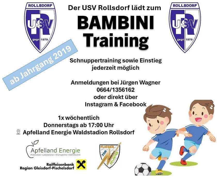 Plakat für Bambini-Training bei USV Rollsdort. Das Training findet jeden Donnerstag um 17:00 Uhr statt. Anmeldungen können bei Jürgen Wagner oder über Instagram und Facebook erfolgen.