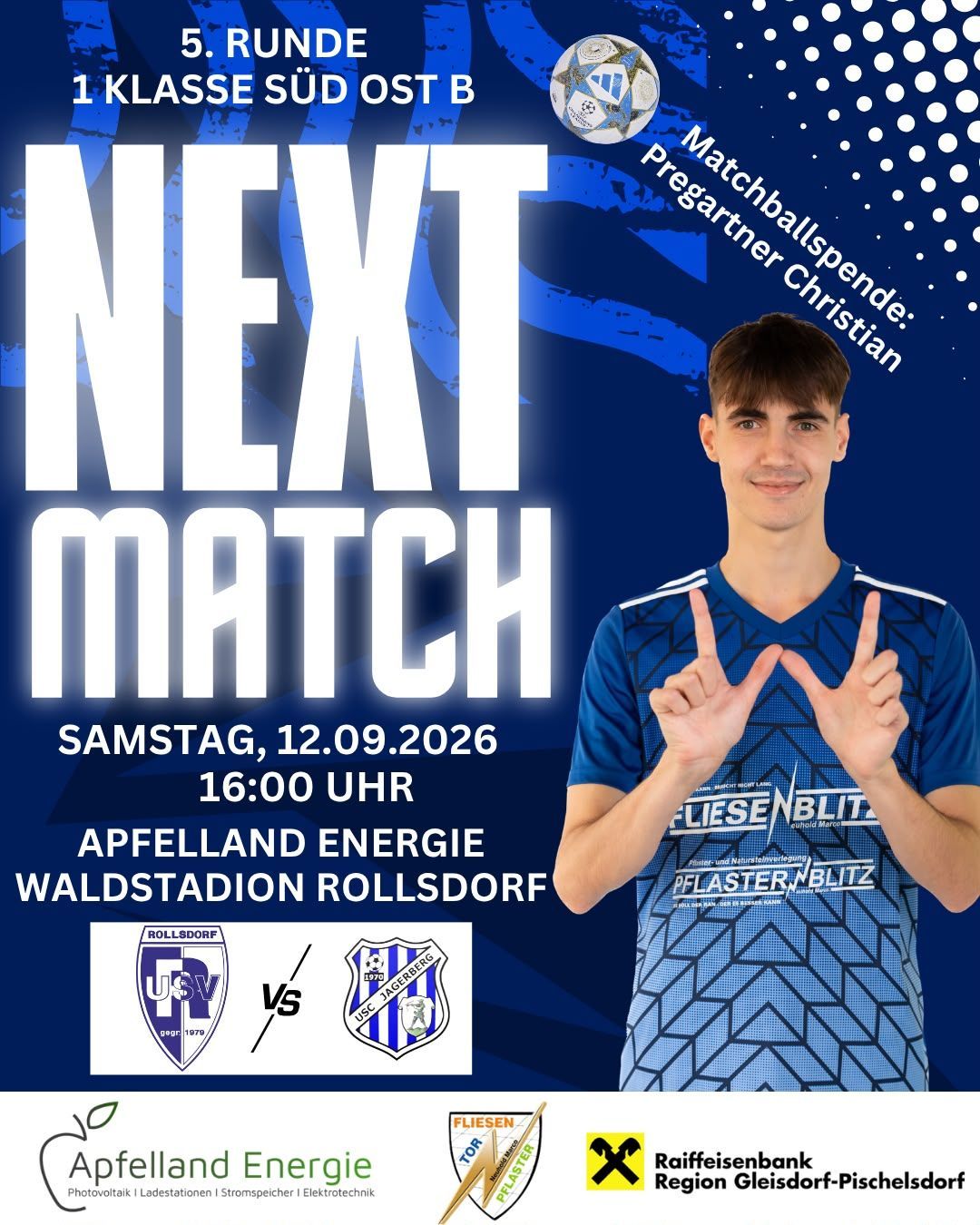 A promotional poster for a soccer match between Rollsdorf and Jageberg on September 12, 2026, at 16:00. The player Christian Pregartner is featured.