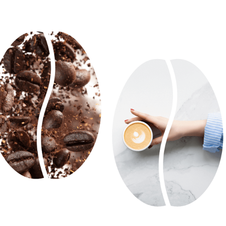 Eine Hand, die eine Tasse Kaffee mit einem Muster auf einer Marmoroberfläche hält. Links ist ein Kaffeebohnen verteilt.