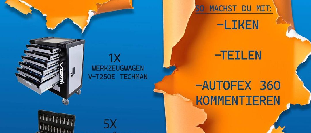 Werbeplakat für AUTO FEX 360 mit zerrissener Papier-Optik, das eine Werkzeugkiste, einen Werkzeugsatz und einen Werkzeugwagen zeigt. Anweisungen zum Liken, Teilen und Kommentieren sind angezeigt. Gültig bis 10.12.2025.