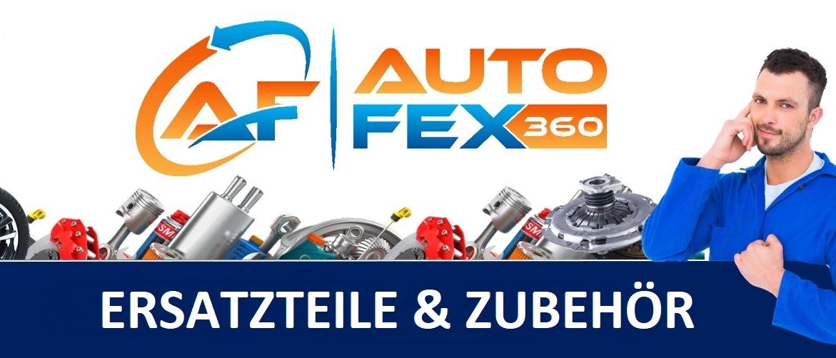 Das AF Auto Fex 360 Logo wird mit verschiedenen Autoteilen wie Kolben, Filtern und Werkzeugen auf weißem Hintergrund angezeigt.