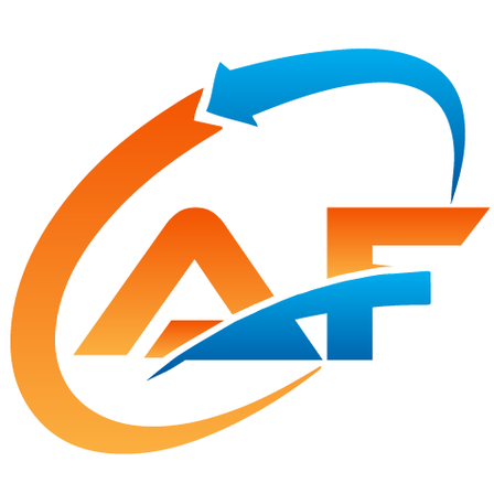 Das Logo zeigt ein stilisiertes 'AF' mit einem blauen und orangefarbenen kreisförmigen Pfeil darum, der Bewegung und Fortschritt symbolisiert.