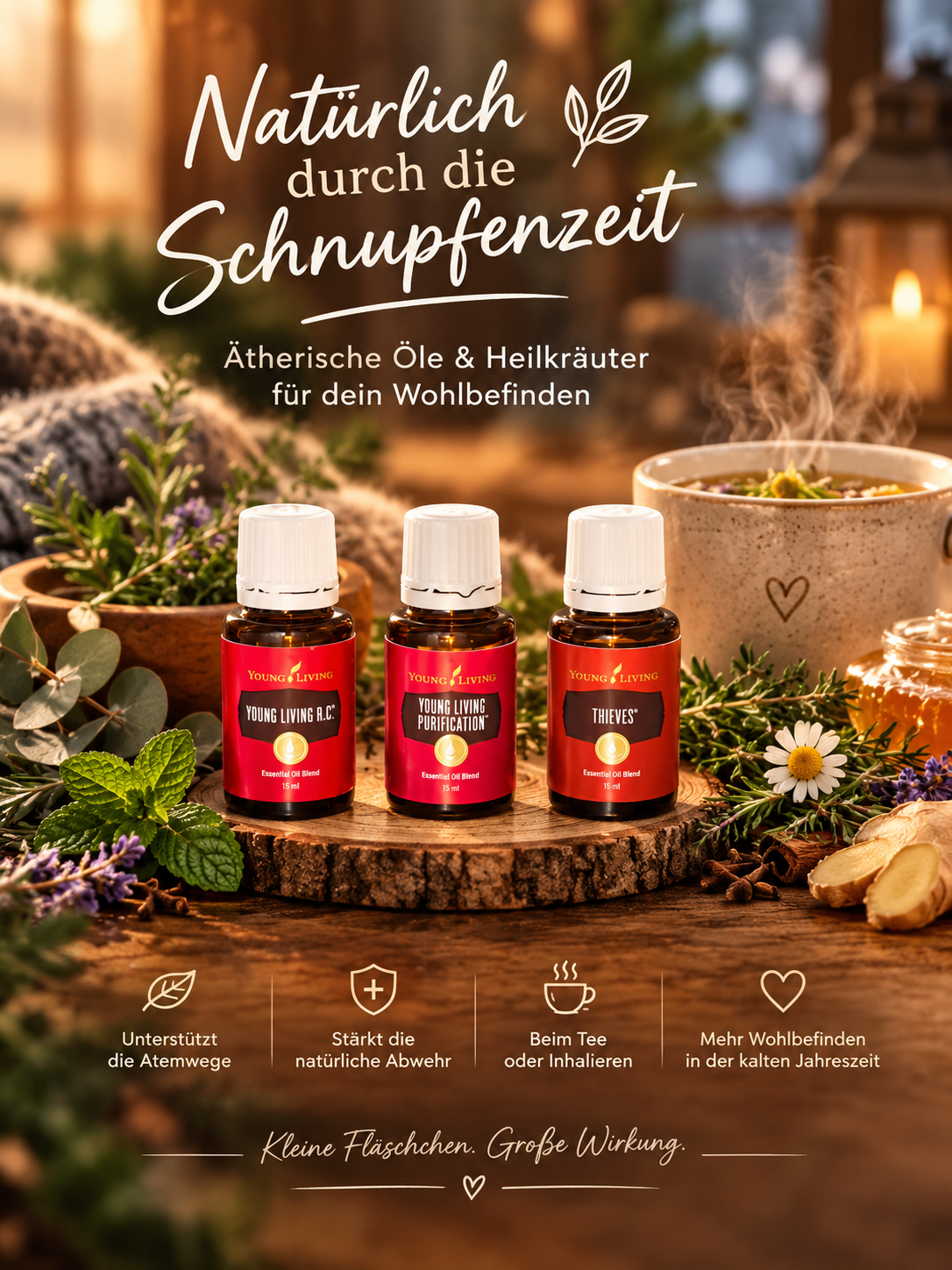 Ein Plakat, das Young Living ätherische Öle und Heilkräuter für das Wohlbefinden bewirbt, mit drei kleinen Flaschen ätherischer Öle, einer Tasse Tee und verschiedenen Kräutern und Gewürzen.