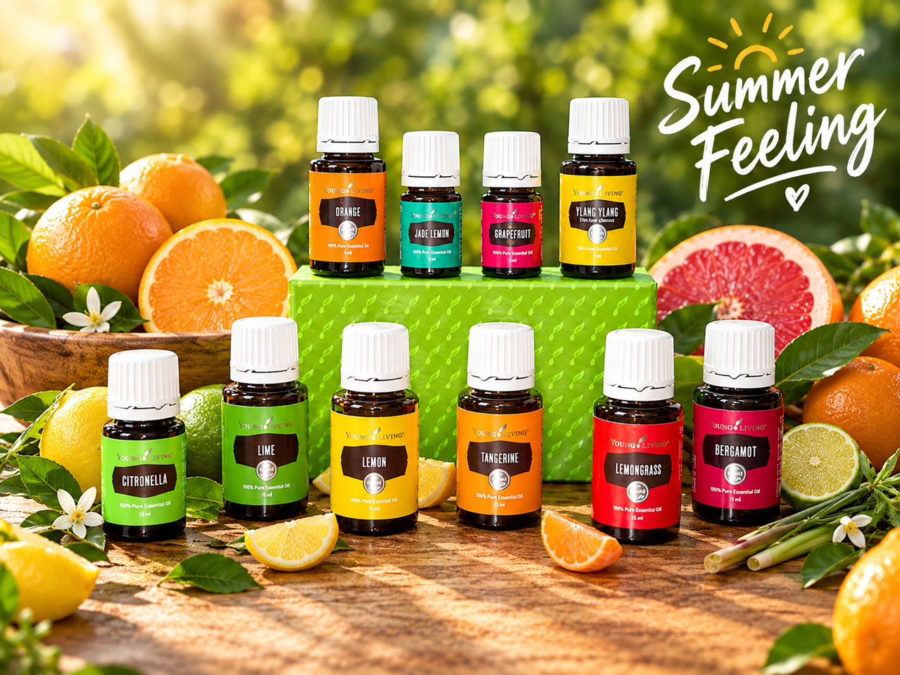Eine Sammlung von Young Living ätherischen Ölen auf einer Holzoberfläche mit Zitrusfrüchten und Blättern. Die Flaschen enthalten Orange, Limette, Zitrone, Mandarine, Zitronengras und Bergamotte.