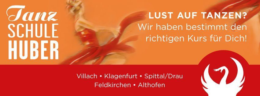 Eine Werbung für eine Tanzschule mit einer tanzenden Frau und roten und weißen Farben. Es steht 'Lust auf Tanzen?' und 'Wir haben bestimmt den richtigen Kurs für Dich'. Standorte sind Villach, Klagenfurt, Spittal/Drau, Feldkirchen und Althofen.