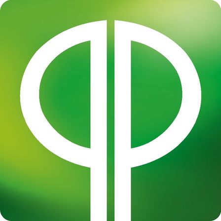 Ein weißes Symbol, das zwei Buchstaben P ähnelt, die übereinander gestellt sind, auf einem grünen Farbverlaufs-Hintergrund.