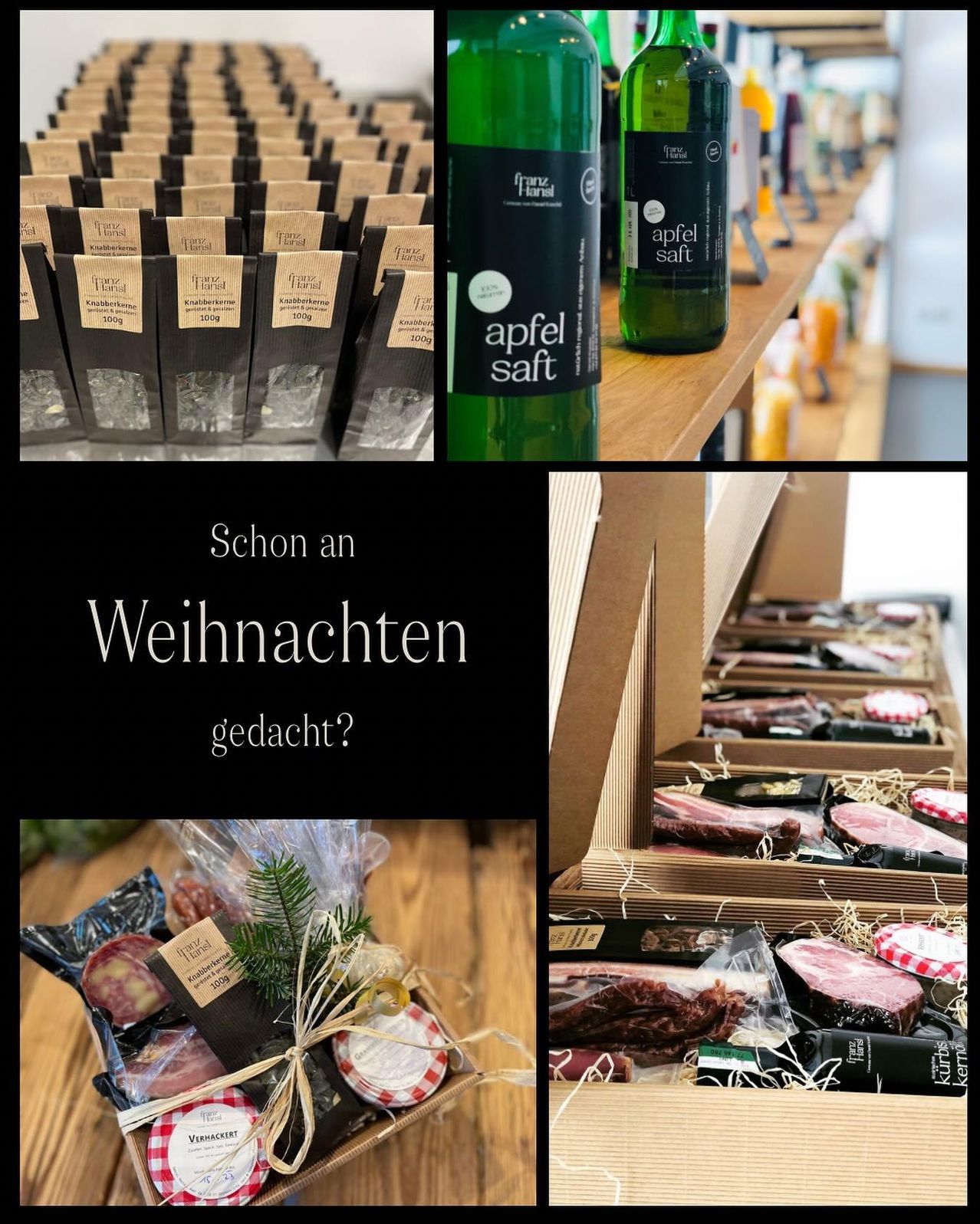 A collage featuring various products including bottles of apple juice, meat products in boxes, and a gift basket with a label. The text 'Schon an Weihnachten gedacht?' suggests it's a holiday gift idea.