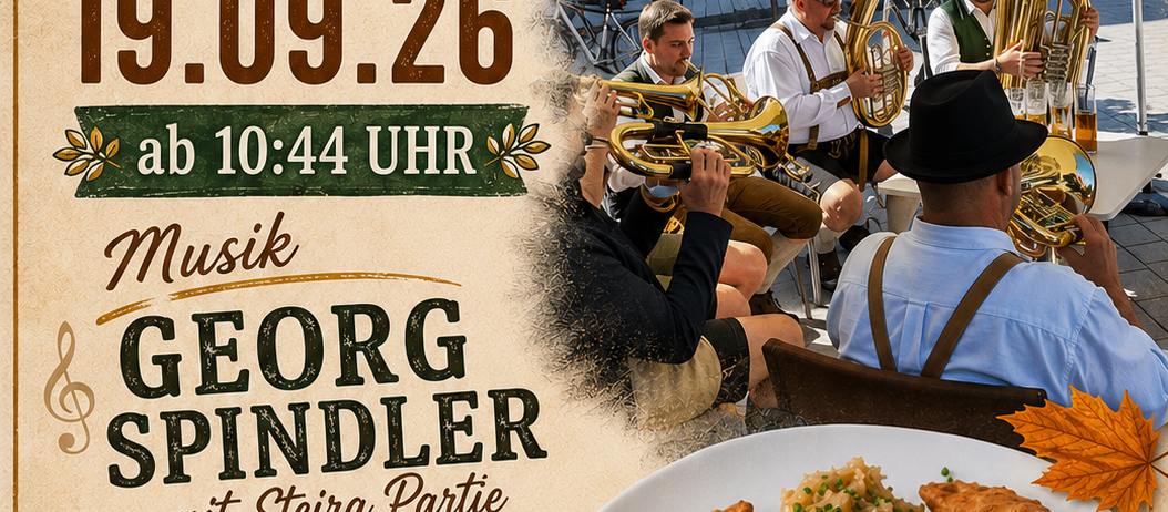 Plakat zur 10-jährigen Jubiläumsfeier von Georg Spindler am 19. September 2026 mit einer Band, die spielt, und einem Teller Essen im Vordergrund.