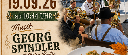 Plakat zur 10-jährigen Jubiläumsfeier von Georg Spindler am 19. September 2026 mit einer Band, die spielt, und einem Teller Essen im Vordergrund.