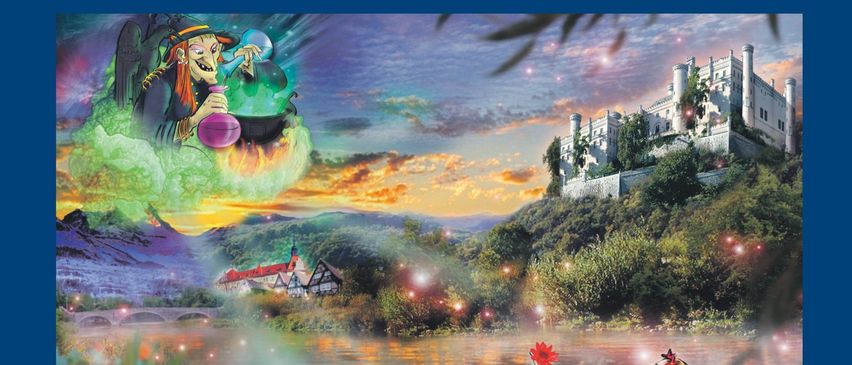 Veranstaltungsposter für ein Festival mit mystischer Nachtwanderung in Wolfsberg. Es zeigt eine Hexe mit einer Zaubertränke, ein Schloss und eine Meerjungfrau.