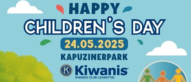 Plakat für den Kindertag mit einem freudigen Mädchen mit Eiscreme, einem Jungen und einem Baum. Es enthält einen Zeitplan mit Aktivitäten von 10:00 bis 15:00 Uhr, einschließlich Puppentheater, Zirkusworkshop und Gesichtsbemalung. Es zeigt auch ein Logo für den Kiwanis Club Lavantaal und ein Symbol für Inklusion.