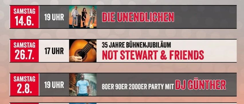 Plakat für Sommer 2025 Veranstaltungen im Parkcafe mit Terminen, Zeiten und Künstlern für verschiedene Samstage.