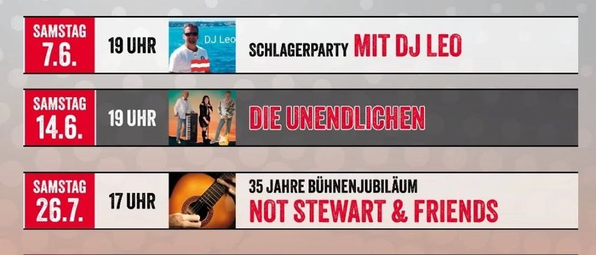 Sommer 2025 im Parkcafe. Samstags um 19:00. 17.5. Sommer-Eröffnung mit Schlagerstar Andre-Rene. 7.6. Schlagerparty mit DJ Leo. 14.6. Die Unendlichen. 26.7. Not Stewart & Friends feiern 35 Bühnenjahre. 2.8. 80er 90er 2000er Party mit DJ Gunther. 9.8. Sommerparty mit Meli Stein & Spacemangei. 23.8. Painted Blue.
