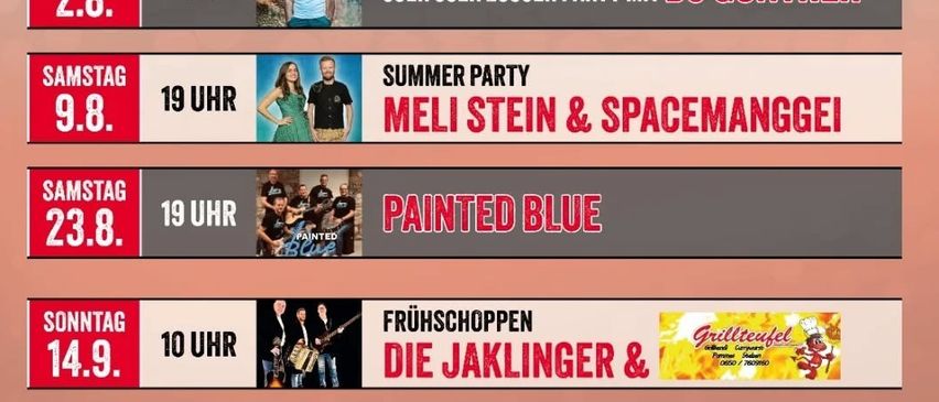 Parkcafe-Sommer-Veranstaltungsplan. Es zeigt sechs Samstage im Jahr 2025, jeweils mit verschiedenen Künstlern und Veranstaltungsthemen.