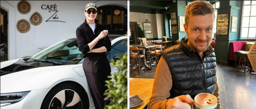 Ein Mann mit Sonnenbrille lächelt neben einem weißen BMW-Auto. Ein anderer Mann lächelt und hält ein Glas Bier an einem Tisch.