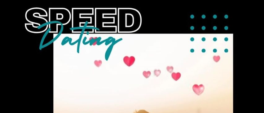 Ein Paar steht auf einem Feld mit Herzen, die um sie herum schweben. Der Begriff 'Speed Dating' ist oben links deutlich sichtbar.