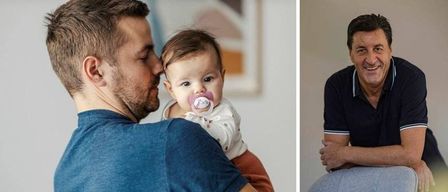 Zwei Bilder: Ein Mann, der ein Baby hält, und ein anderer Mann, der lächelt. Der erste Mann küsst die Stirn des Babys. Der zweite Mann lächelt mit verschränkten Armen.