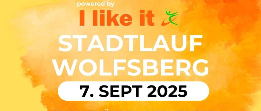 Plakat für den Stadtlauf Wolfsberg 5K Lauf und Kinderlauf am 7. September 2025. Teilnehmer sind beim Laufen in einem Rennen zu sehen.