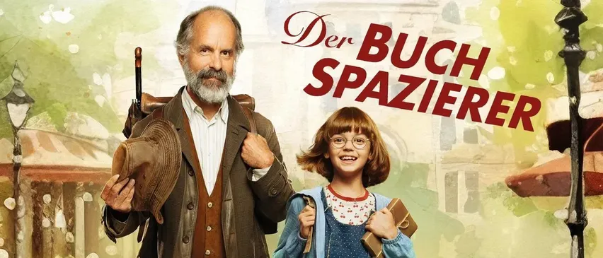 Ein Mann und ein Mädchen stehen zusammen. Er trägt einen braunen Mantel und hält einen Hut. Das Mädchen trägt einen blauen Mantel und trägt ein Buch. Sie schauen beide nach vorne. Der Titel lautet 'Der Buch Spazier'.